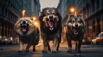 3 angry and aggressive dogs with big teeth on the street