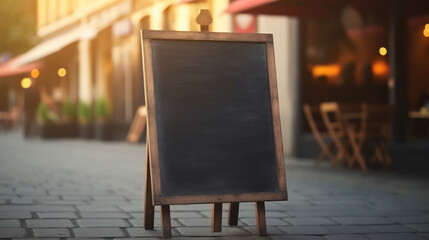 Blank restaurant shop sign or menu boards near the entrance to restaurant. Cafe menu on the street. Blackboard sign mockup.