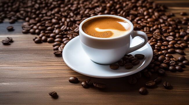 tasty coffee accompanied with coffee beans generativa IA