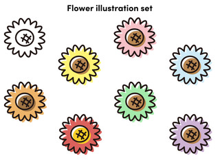 カラフルでレトロな花のイラストセット