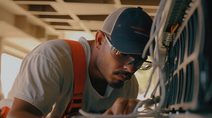 Close-up of skilled technicians in action as they expertly repair the air conditioner at home