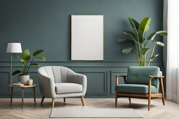 Stylish living room interior design with mock up poster frame, frotte armchair, wooden commode AI Generated