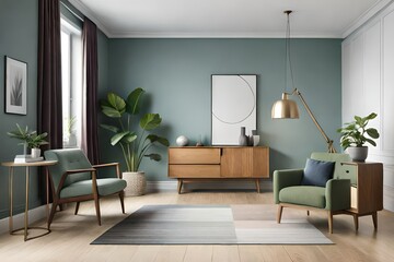 Stylish living room interior design with mock up poster frame, frotte armchair, wooden commode AI Generated
