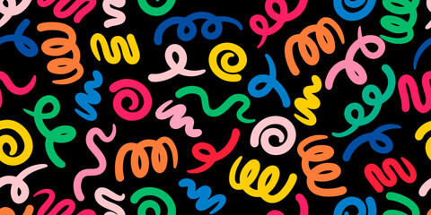 Fototapeta premium Doodle sketch style of colorful shapes and lines on black background for children or trendy design. seamless pattern creative minimalist style art background.