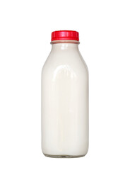 Full bottle of milk with red top isolated cutout on transparent