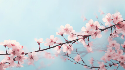 Obraz premium Spring banner, branches of blossoming cherry against background of blue sky on nature outdoors. Pink sakura flowers, dreamy romantic image spring, landscape panorama, copy space