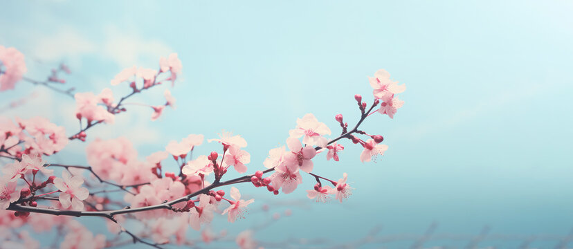 Spring banner, branches of blossoming cherry against background of blue sky on nature outdoors. Pink sakura flowers, dreamy romantic image spring, landscape panorama, copy space