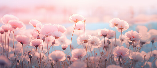 Gently pink flowers of anemones outdoors in summer spring close-up on turquoise background. Delicate dreamy image of beauty of nature