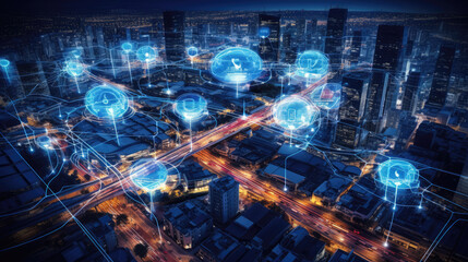 Aerial view of smart city infrastructure, industrial IoT applications, and environmental sensors, demonstrating the revolutionary impact of IoT on urban and industrial life.