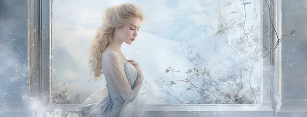 Portrait of a woman at the winter windowsill. Dressed in a beautiful long dress. Pastel white and cream colors and the magical atmosphere of the winter period