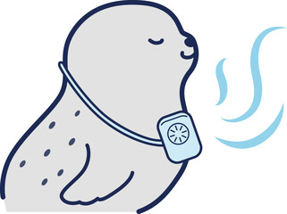 ミニ扇風機を首にかけたアザラシのイラスト © Daphnia