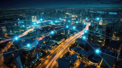 Aerial view of smart city infrastructure, industrial IoT applications, and environmental sensors, demonstrating the revolutionary impact of IoT on urban and industrial life.