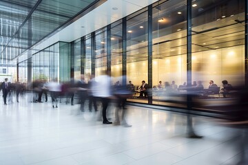 A working office with people walking out of focus concept of a real life busy office environment