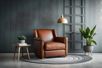 Armchair with pillow, glowing lamp, plant AI Generated