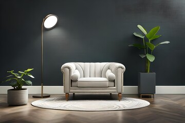Armchair with pillow, glowing lamp, plant AI Generated