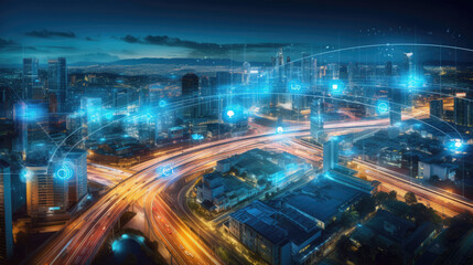 Obraz premium Aerial view of smart city infrastructure, industrial IoT applications, and environmental sensors, demonstrating the revolutionary impact of IoT on urban and industrial life.