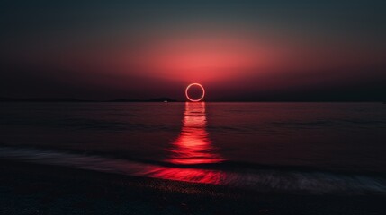 abstract red desktop wallpaper background with sunset at a ocean beacht and red neon light circle round line water waves. solar eclipse on an island. 16:9 aspect ratio. water reflection. Generative AI