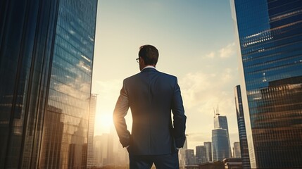 a handsome businessman standing with his back in front of a tall skyscraper building in a modern american city. Generative AI