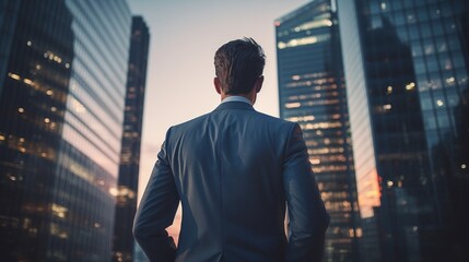 Fototapeta premium a handsome businessman standing with his back in front of a tall skyscraper building in a modern american city. Generative AI