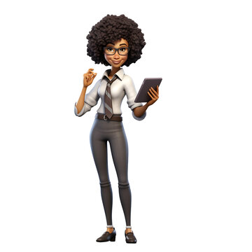 3D Cartoon Character Happy Smiling Black Young Businesswoman Standing Holding Tablet Computer, Full Body Isolated On White And Transparent Background, Ai Generate