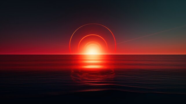 abstract red desktop wallpaper background with sunset at a ocean beacht and red neon light circle round line water waves. solar eclipse on an island. 16:9 aspect ratio. water reflection. Generative AI