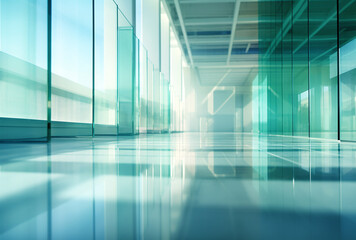 Beautiful blurred background of a light modern office interior with panoramic windows and beautiful lighting.