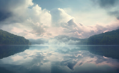 Fototapeta premium misty morning on the river. clouds over the lake