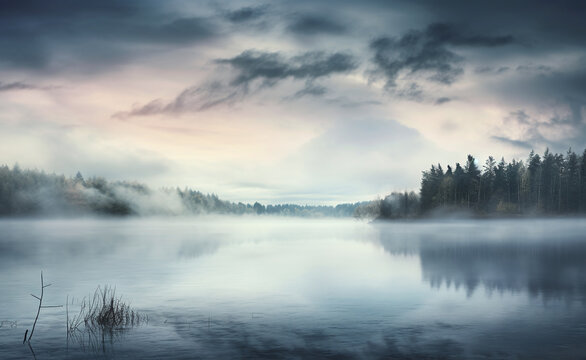 misty morning on the river. clouds over the lake © Kordiush