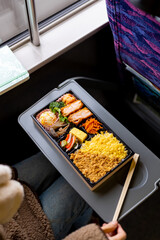 Asian woman eating traditional Japanese pork cutlet with rice Tonkatsu in lunch box bento during travel on train. Attractive girl travel Japan on railroad transportation on winter holiday vacation.