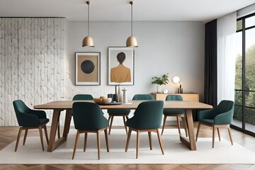 Stylish dining room interior with design wooden family table AI Generated