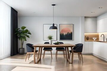 Stylish dining room interior with design wooden family table AI Generated