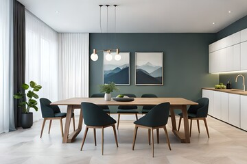 Stylish dining room interior with design wooden family table AI Generated