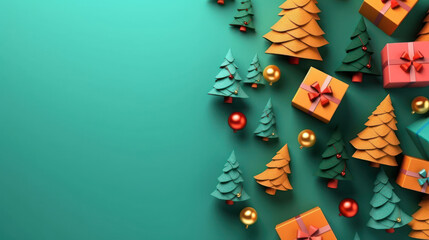 Fototapeta na wymiar Сolorful christmas background with presents and christmas tree on dark green background