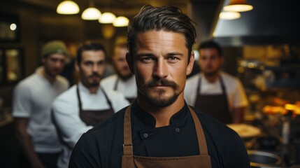 Fototapeta premium Chef at the kitchen. Looking at the camera with a team behind