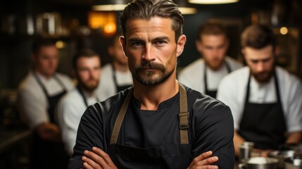 Fototapeta premium Chef at the kitchen. Looking at the camera with a team behind