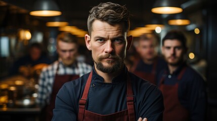 Obraz premium Chef at the kitchen. Looking at the camera with a team behind