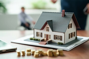 A house model with stacks of coins on top of the table Business investment for real estate concept