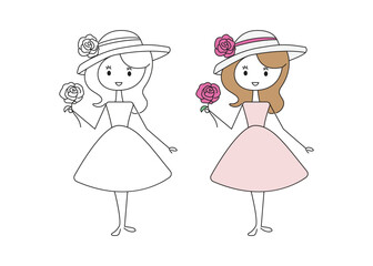 Cute girl with flower stick figure style drawing vector illustration art