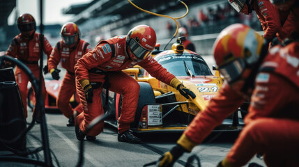 Close-up of a NASCAR pitstop in action as the crew efficiently swaps the worn - out tires for fresh ones - obrazy, fototapety, plakaty