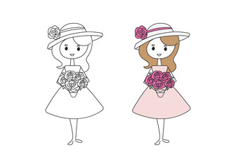 Cute girl with flower stick figure style drawing vector illustration art