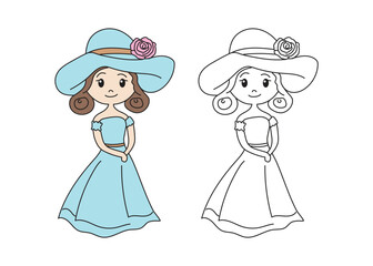 cute girl minimal line art with colored vector illustration 