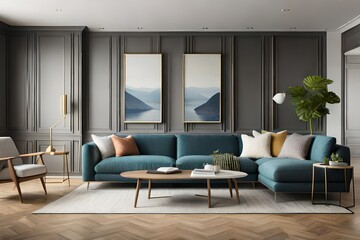 Interior design of cozy living room with stylish sofa, coffee table, dired flowers in vase, mock up poster, carpet, decoration, pillows Ai Generated 