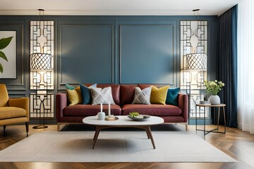 Interior design of cozy living room with stylish sofa, coffee table, dired flowers in vase, mock up poster, carpet, decoration, pillows Ai Generated 