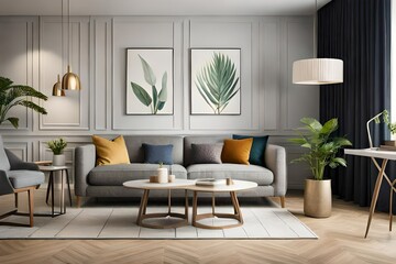 Interior design of cozy living room with stylish sofa, coffee table, dired flowers in vase, mock up poster, carpet, decoration, pillows Ai Generated 