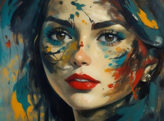Art illustration of a woman's face painted in a nature atmosphere in an oil painting effect, Generative AI.