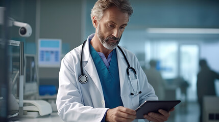 A doctor is attending to a patient while holding a tablet. A doctor using a tablet for a physician consulting patient's health online using an internet mobile digital tablet in a clinic or hospital
