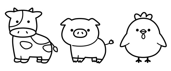 かわいい牛と豚と鶏の全身線画イラスト