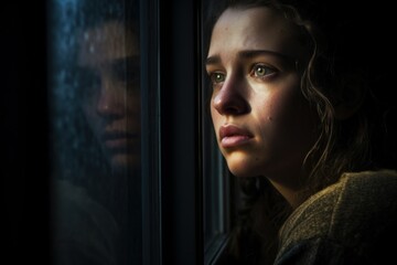 a photo portrait of a beautiful young girl sad and depressed looking out of the window with raindrops on the glass window on a rainy day. Generative AI