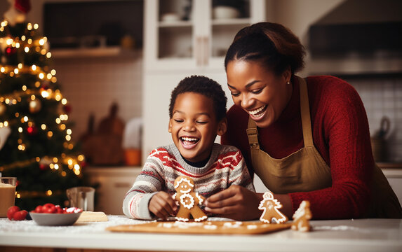 Black African American Dark-skinned Smiling Mother And Son Making Christmas Cookies At Home. Holidays And Celebration Concept