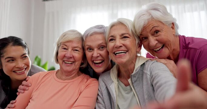 Yoga class, face selfie or senior happy people for retirement exercise, club membership or community memory picture. Pilates instructor, portrait friends or elderly women pose for group workout photo